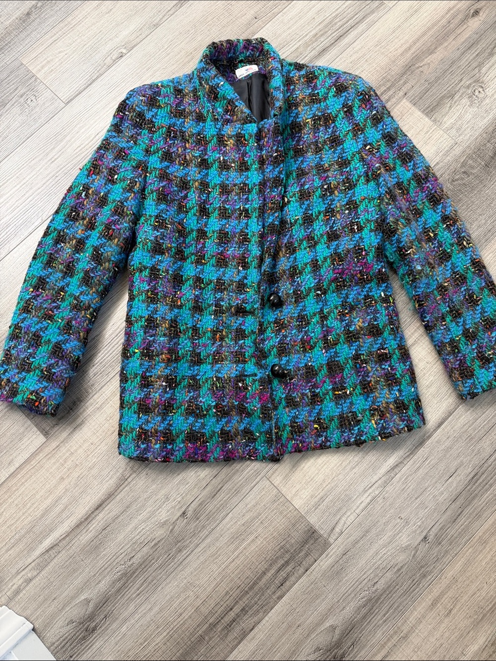 Vintage-Inspired Women's Tweed Jacket in Teal & Black